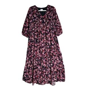 Isabel Maternity Maxi Tiered Dress Red Purple Floral Long Sleeve Size XL